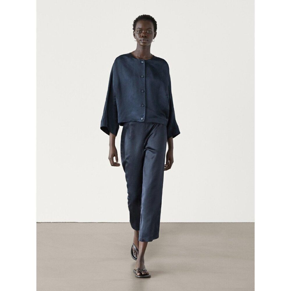 Massimo Dutti Linen Pants EU 40 US 8 Navy Blue Cropped Trousers 5015/856 NWT